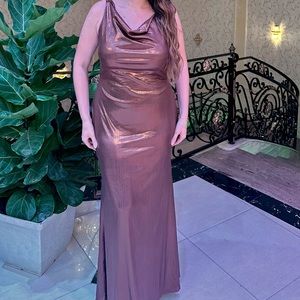 Club London Galaxy Shimmer Cowl Cut Bronze Dress